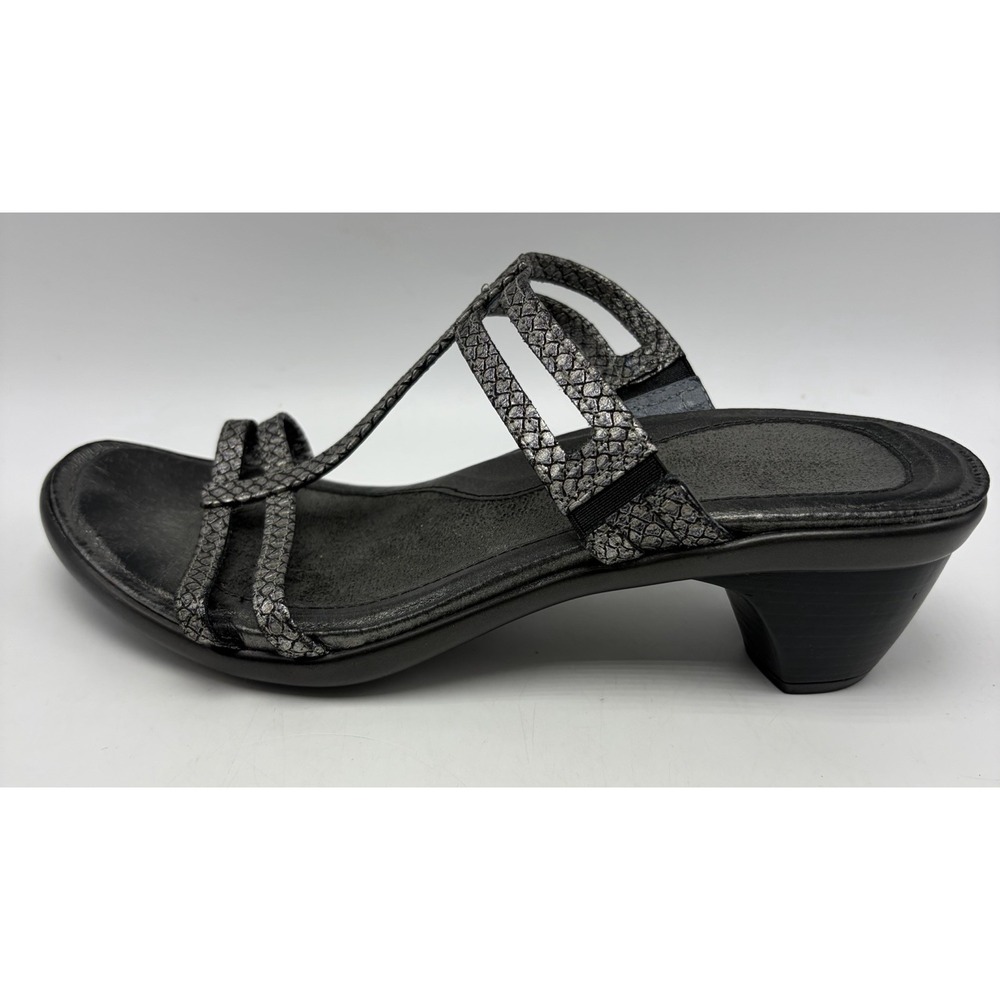 NAOT Sandals Loop Womens 8 Heel EU 39 Slip On Strappy Pewter Snake Print Leather